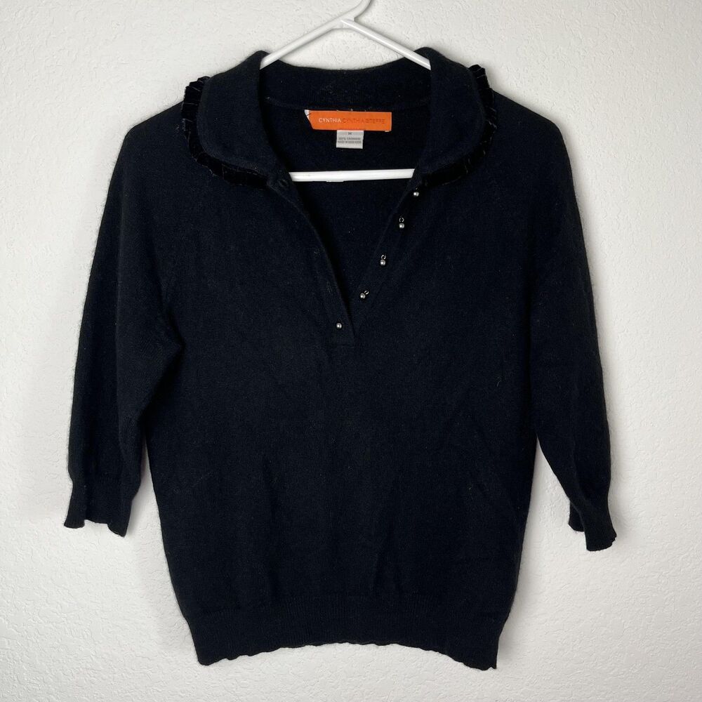 Cynthia Steffe‎ Sweater Womens Medium Black Cashmere Pearl Button Pullover Top